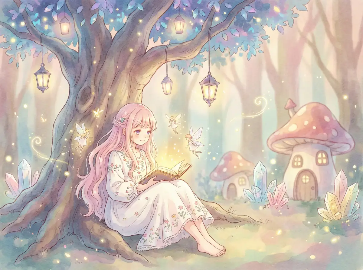 永沢まおみ - 魔法森林中阅读故事书的粉发少女与精灵